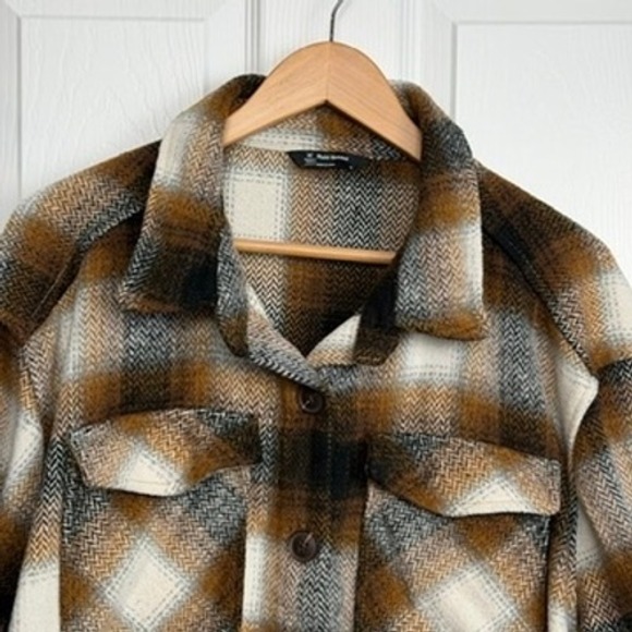 Unisex Plaid Shacket Oversized Button Up Shirt Jacket Brown Cream XL Cozy Rustic - Picture 2 of 9